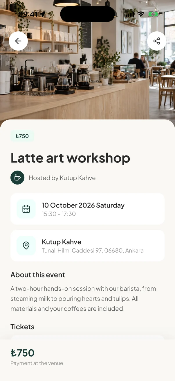 Latte art workshop event page in the Cafein app