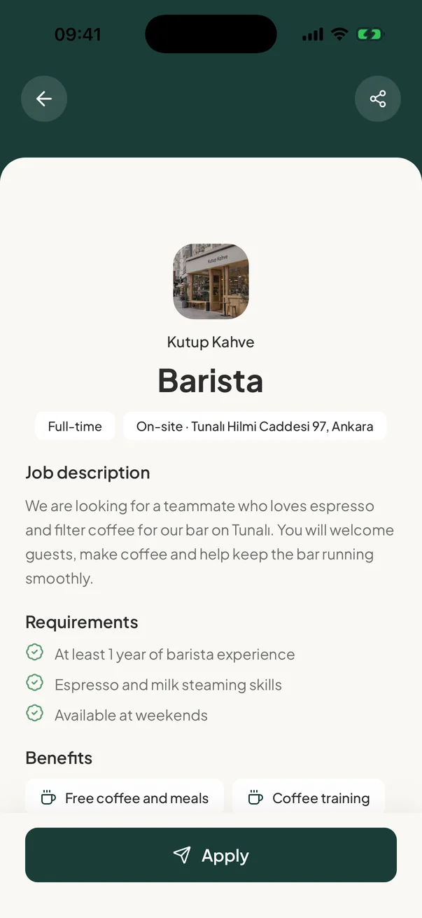 Barista job listing in the Cafein app