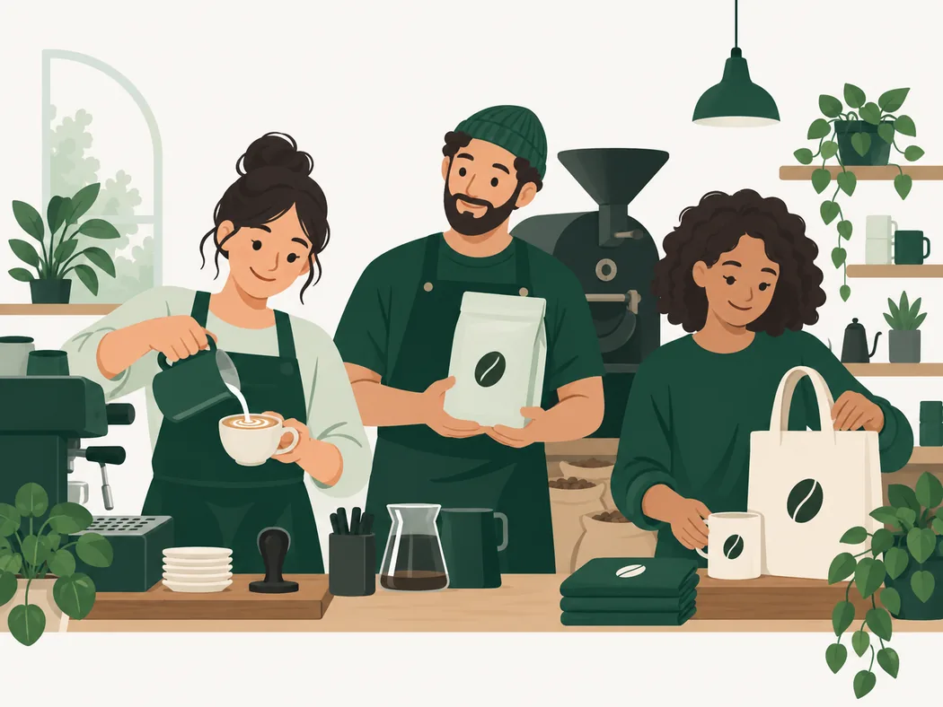 Illustration of a barista, roaster and coffee goods maker working together